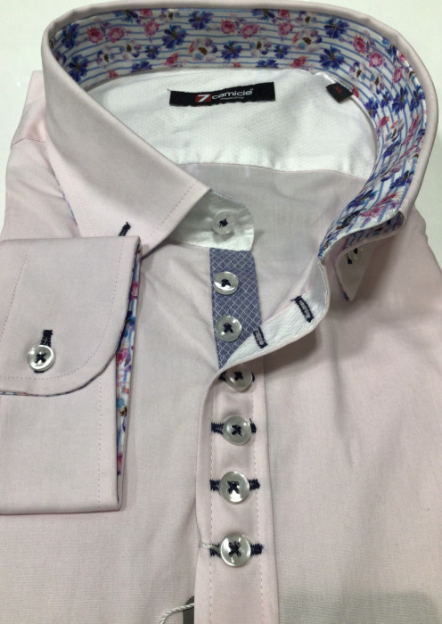 Мужская рубашка 7camicie с длинным рукавом розовая, 6 пуговиц, XL/44