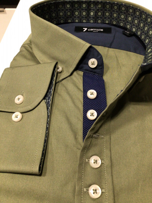 Мужская рубашка 7camicie с длинным рукавом оливковая, 6 пуговиц, XL/44