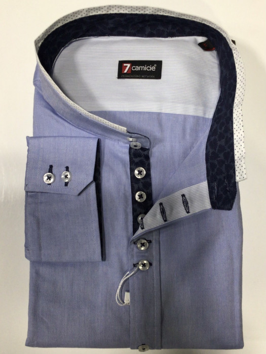 Мужская рубашка 7camicie с длинным рукавом, корейский ворот,  голубая, XL/44