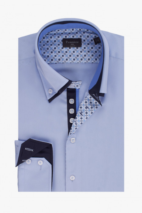 Мужская рубашка 7camicie с длинным рукавом голубая 2 ворота квадратные пуговицы, с синей отделкой,  2XL/46